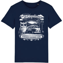 Load image into Gallery viewer, Navy blue t-shirt with white graphic design featuring an owl and a van, with 'WISHapalooza' text.